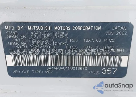 2022 Mitsubishi Outlander Sport 2.0 Be 2Wd/2.0 Es 2Wd/2.0 Le 2Wd/2.0 S 2Wd из США, поврежденный, VIN JA4APUAU1NU016680